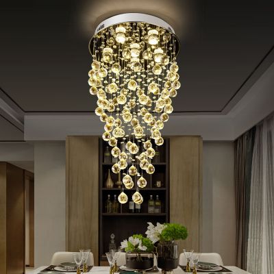 Modern round LED long K9 Crystal Chandeliers Lighting Fixture for Staircase Hotel Hall Chandelier